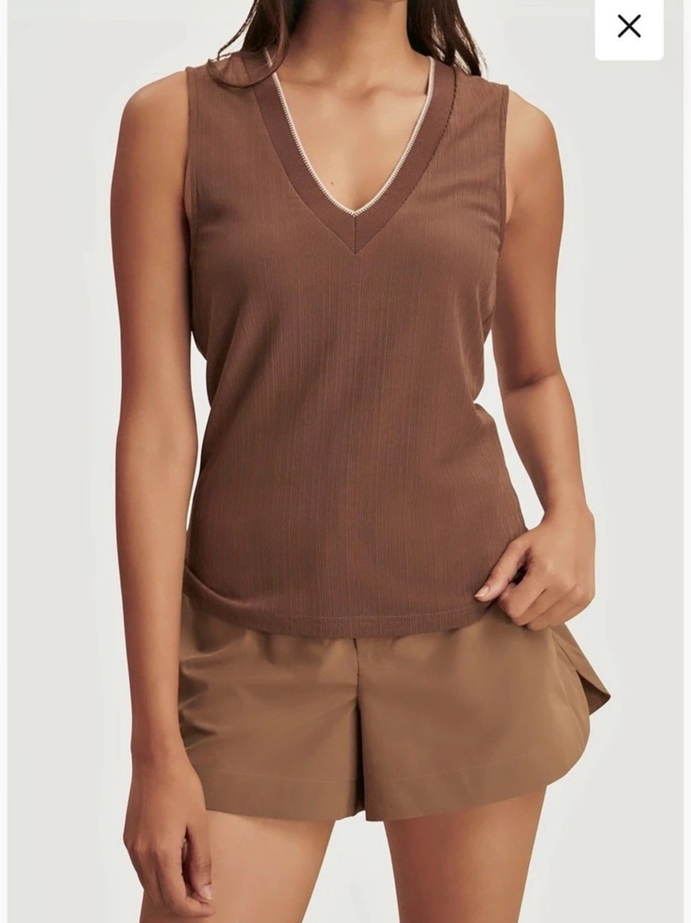 Varley Corby V-Neck Modal Blend Tank XL Brown Contrast Trim Ribbed Top